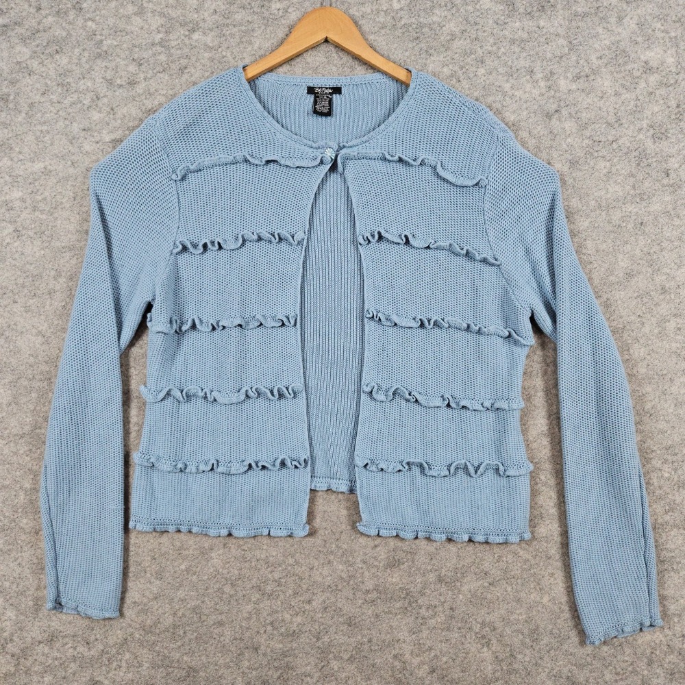 Bob Mackie Studio Women's Size XL Blue-Gray Knit Cardigan Sweater‎ Ruffle Front
